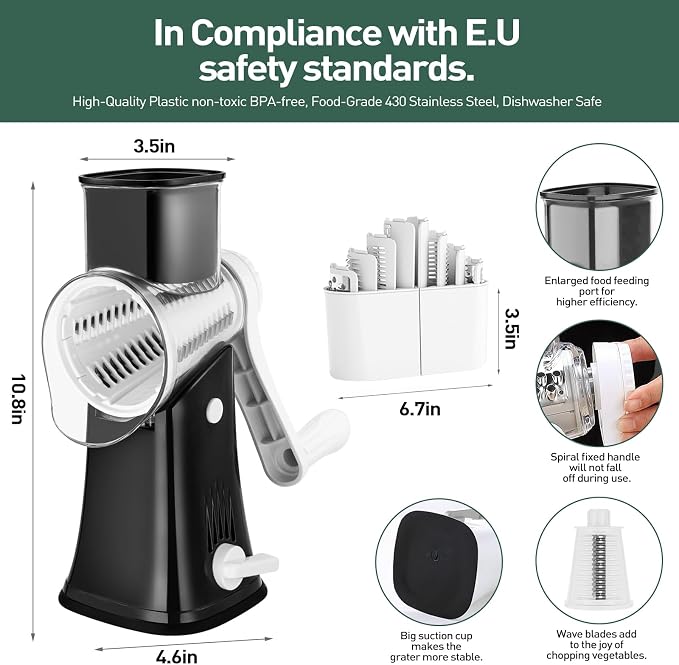 APSARAS USA Cheese Grater Hand Crank, Rotary Cheese Grater, 5 in 1 Rotary Grater, Cheese Shredder Replaceable Stainless Blades with Strong Suction Base, Easy to Clean Kitchen Gadgets with Storage Box