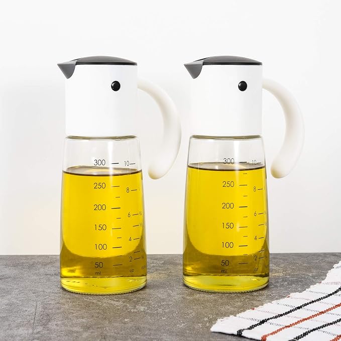 Vucchini Oil Dispenser Olive Oil Dispenser Bottle Set 10 oz for Kitchen Cooking - Auto Flip Condiment Container With Leakproof Vinegar Glass Cruet Non-Drip Spout