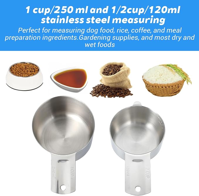 6 Pcs Stainless Steel Measuring Cup Set Includes 3 Pcs 1Cup (240ml, 8oz) & 3 Pcs 1/2Cup (120ml, 4oz) Metal Measure Scoop with Etched Inner Scale, Metric and US Measurement, Dishwasher Safe