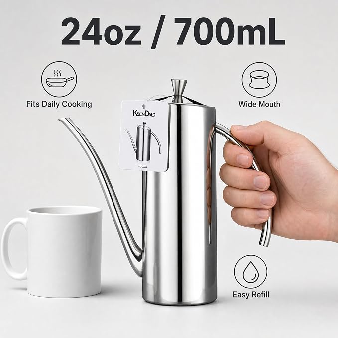KSENDALO Premium Stainless Steel Olive Oil Dispenser (24oz/700mL) - Leakproof Kitchen Cruet & Olive Oil Bottle with Ergonomic ONE-Piece Body, Long Narrow Spout for Precision Pouring & Arc Handle