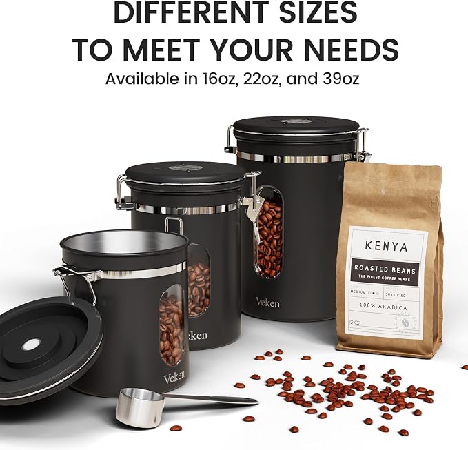 Veken Coffee Canister with Window, Airtight Stainless Steel Container, 16OZ | Kitchen Food Storage Pantry Organizers for Beans,Ground,Espresso,Rice,Tea,Sugar,Bar Accessories,Gifts,Lids,Jars, Scoop, Black