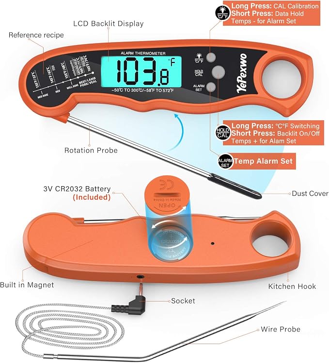Yepexwo Meat Thermometer for Cooking Instant Read Grilling Digital Thermometer with Dual Probe/Backlight/Storage Bag/Alarm Function for Cooking BBQ