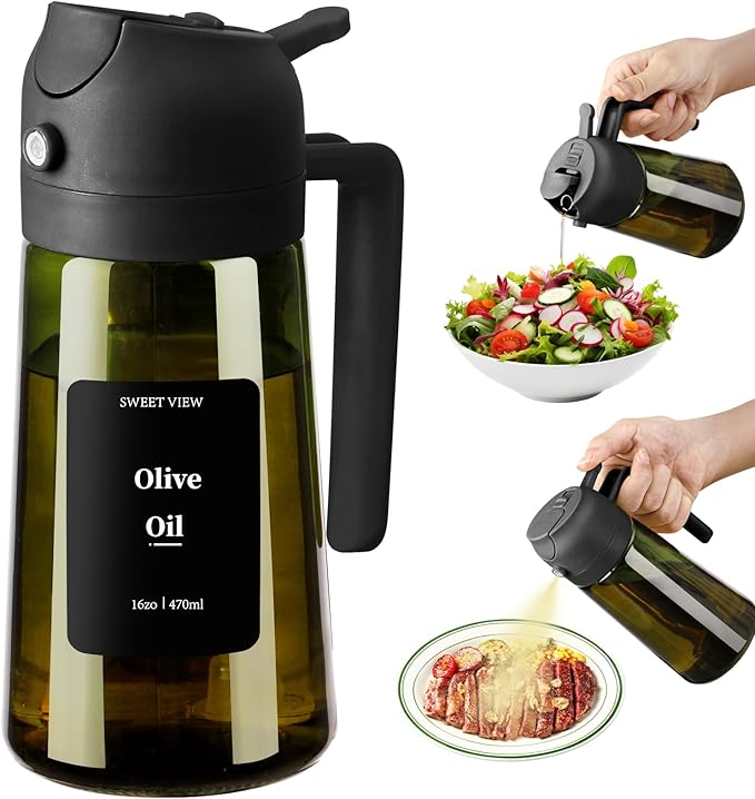 SWEET VIEW Olive Oil Sprayer for Cooking 16oz/470ml | Glass Light-Proof Oil Pourer for Kitchen with Stickers for Air Fryer, Cooking, Salad, BBQ with Stickers