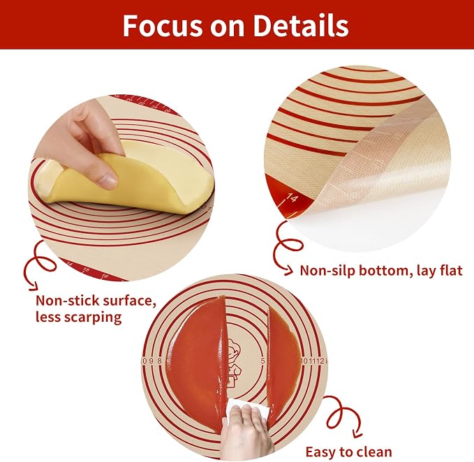 Silicone Baking Mat, Reusable Silicone Dough Mat, Non-Stick Pastry Mat, Heat Resistant Silicone Mat for Baking Cookies, Cake, Bread, Chocolate, Pizza, Crust, Pie Oven Mat, Easy to Clean