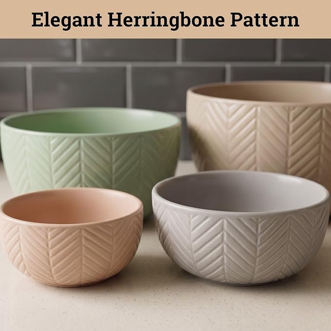 Ceramic Mixing Bowls Set of 4 pcs, Colorful Nesting Bowls 5, 3, 1, 0.5 Qt | Thick, Durable, Scratch Resistant Ceramic, Nesting Set of 4, Dishwasher, Freezer, Microwave, and Oven Safe, Wide Stable Base