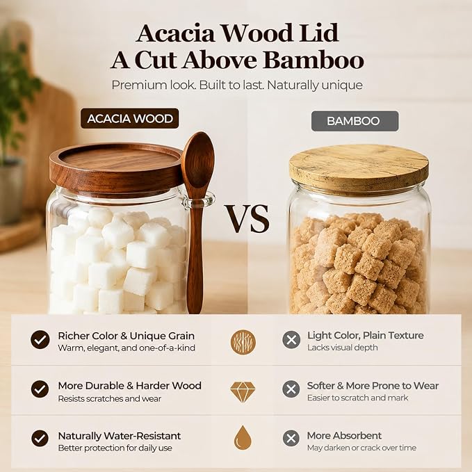 ComSaf Sugar Jars with Acacia wood Lids and Spoons 0.5Qt 2Pack, Decorative | Glass Food Storage Container, Brown Sugar Coffee Tea, Pantry Kitchen Countertop Coffee Bar, Wide Mouth, Canisters with Labels