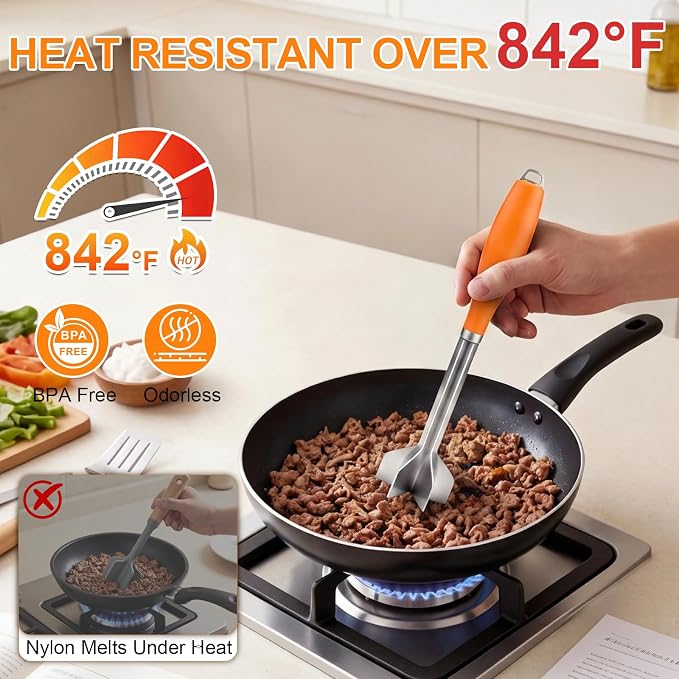 Stainless Steel Meat Chopper Masher, 6 Blade Ground with Plastic Handle | 11.4 Inch Potato fruits Masher and tenderizes meat Hamburger Smasher, Mix and Chop Kitchen Tool for Taco Meat