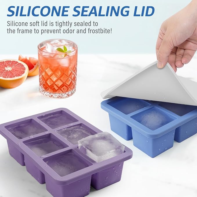 mossime Silicone Ice Cube Tray: 4pack Square Whiskey Large Ice Cube Molds - Old Fashioned Ice Cube Trays with Lid - 2inch Easy Release Big Freezer Mold for Cocktail Food Soup & Juice