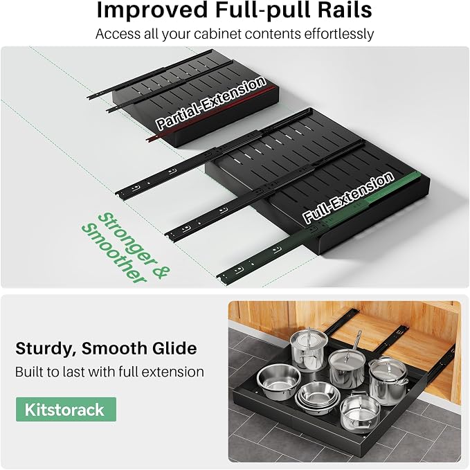 Kitstorack Pull out Cabinet Organizer, Expandable(12"-20") Heavy Duty Slide out Drawer Fixed with Adhesive Nano Film for Pots, Roll out Shelf Storage for Kitchen Base Cabinet Organization