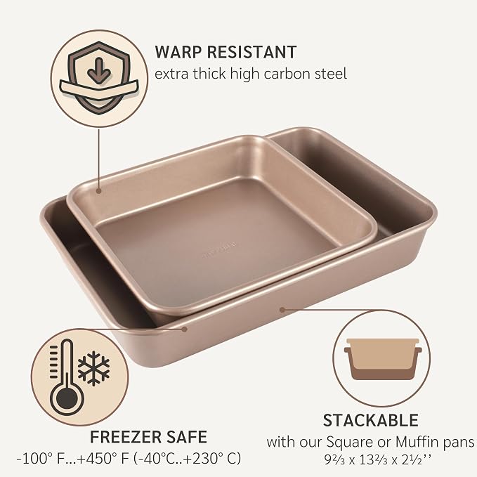 9 x 13 inch Cake Baking Pan Nonstick, PFOA & BPA Free | | Non-Toxic - High Carbon Steel - Gold - Rectangle Pan for Oven Baking