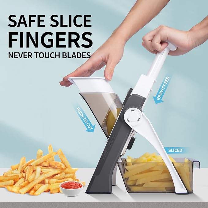 QYKIC Safe Mandoline Slicer,Vegetable Potato Slice Food Cutter for Kitchen,Thickness Adjustable Upright Veggie Chopper for Fast Meal prep (Gray)