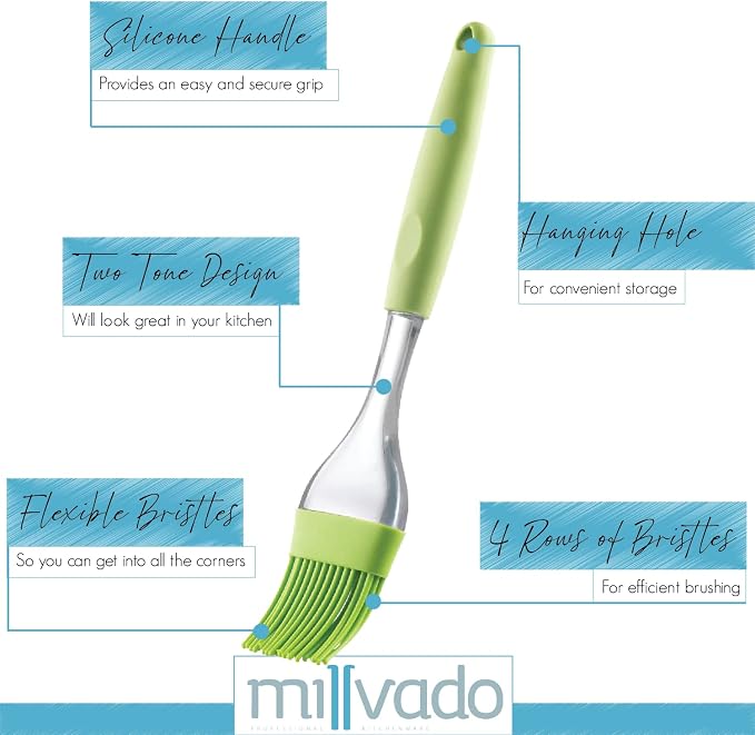 Millvado Silicone Basting Brush: Heat Resistant Cooking Brush for Oil and Sauce - Flexible Food Brush - Dishwasher Safe Basting Brush for Cooking – Green Silicone Pastry Brush/BBQ Brushes for Sauce