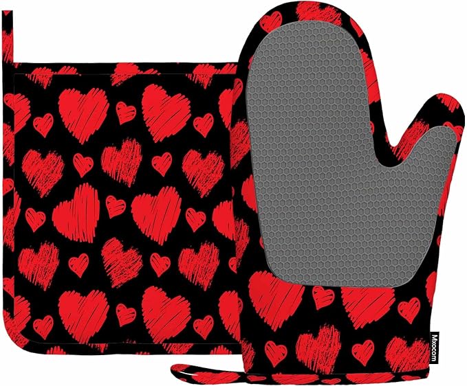 Mxocom Red Hearts Heat-Resistant Oven Mitts and Pot Holder Line Hearts on Black Background Kitchen Non-Slip Cooking Microwave Gloves for Cooking Baking Grilling