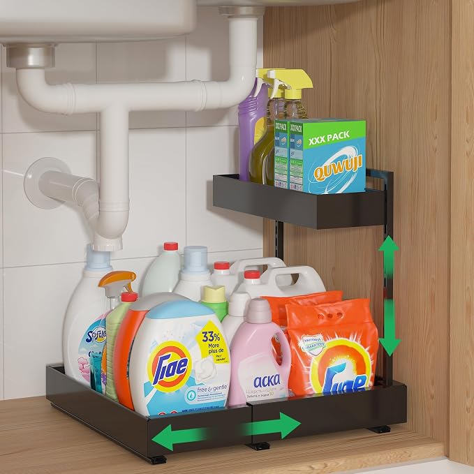 Under Sink Organizer, L-Shaped Pull Out Cabinet Rack for Kitchen | Expandable Width, 6-Level Height, Quiet Sliding Rails, Heavy-Duty Alloy Steel Frame, Pipe Clearance Design for Tight Cabinets