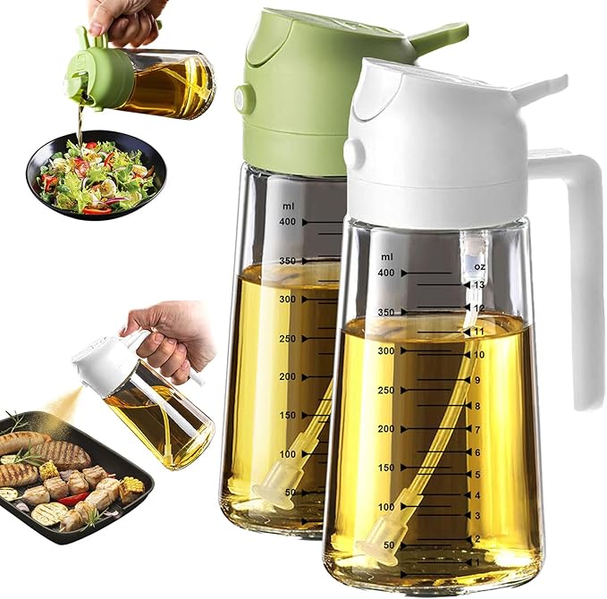 TrendPlain 16oz/470ml Glass Olive Oil Sprayer for Cooking – 2 in 1 Olive Oil Dispenser Bottle for Kitchen Gadgets and Air Fryer Accessories, Salad, BBQ - White & Green