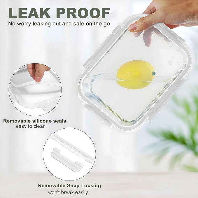 30 Pieces Glass Food Storage Containers Set, White | Glass Meal Prep Containers Set, Snap Locking Lids, Airtight Glass lunch Containers, Microwave, Oven, Freezer & Dishwasher