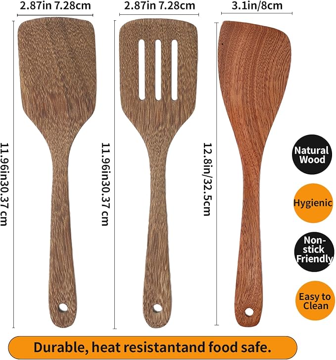3 Pack Wooden Spatula for Cooking 12 Inches Paddle, Turner, Slotted Spatula, Cooking Utensils for Nonstick Cookware, Kitchen for Fish, Eggs, Pancakes