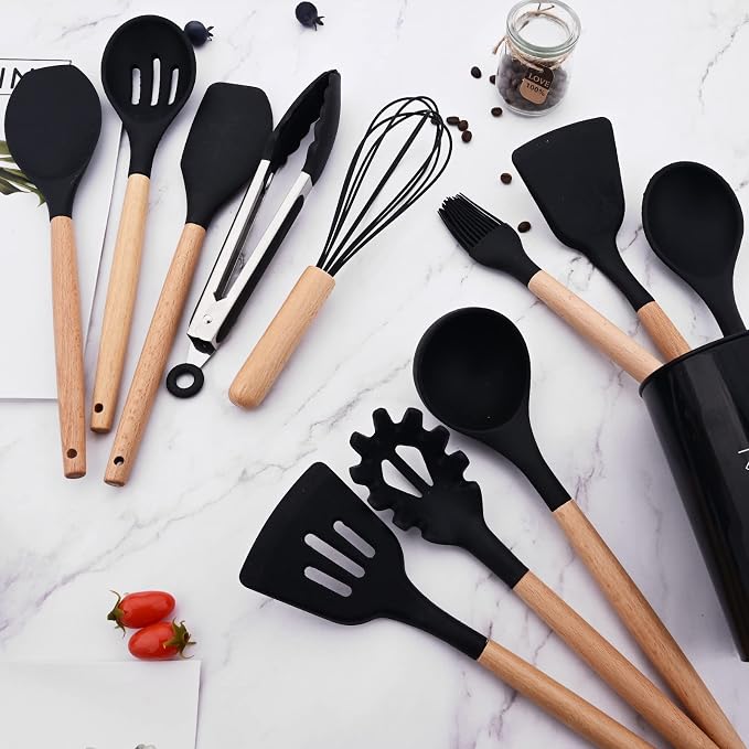 1pcs Black Silicone Spatula Set, Heat Resistant Baking Spoon, Nonstick Rubber Scraper Spatula Spoon Set with Wooden Handle for Baking Cooking Mixing