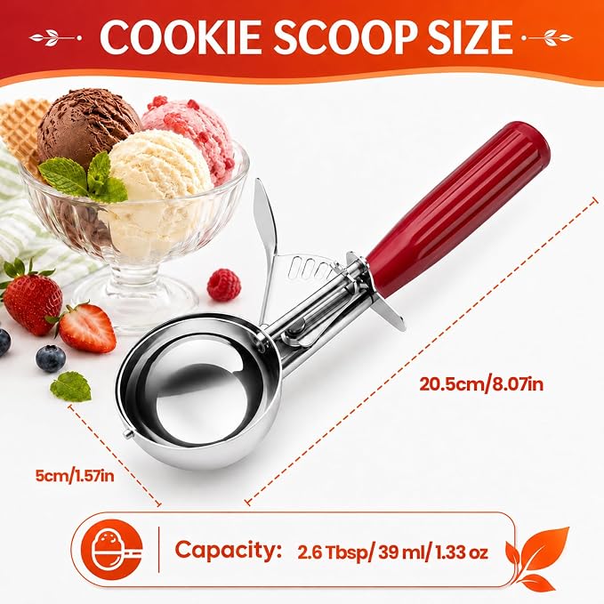 1.33oz Ice Cream Scoop with Trigger #24 - Stainless Steel Cookie Scoop for Baking, Portion Scoop for Cookie Dough, Cupcake, Mashed Potatoes - Easy Portion Control, Comfortable Non-Slip Handle (Red)
