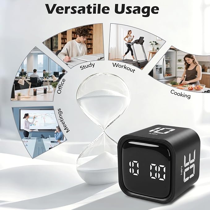 Pomodoro Timer Cube, Productivity Visual Timer Flip, 5/10/30/60 Min Preset Custom Countdown, ADHD Tool Rotating Countdown Stopwatch, Vibrate/High/Low Volume, for Study, Work, Game, Kitchen-Black