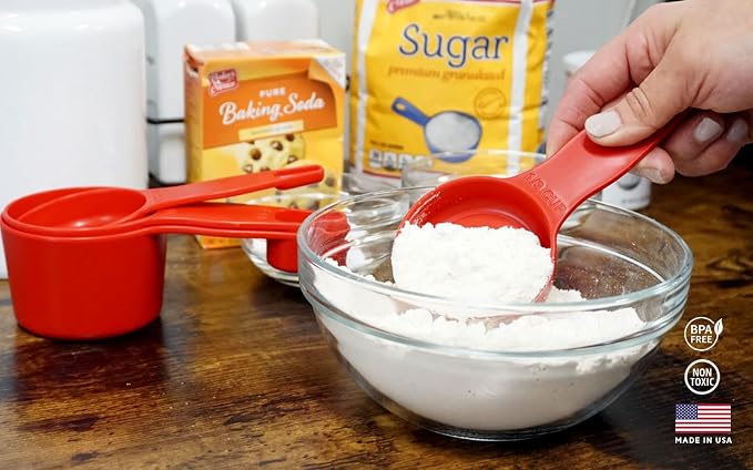 Storage Theory 2-in-1 Measuring Cups & Spoons Set (4-Piece) - Nesting Space-Saving Kitchen Gadget - BPA-Free Food Grade Plastic - Dishwasher Safe for Baking, Cooking, Coffee - Red