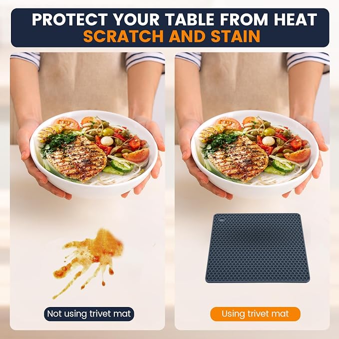 Silicone Trivet Mats 4 Heat Resistant Pot Holders Multipurpose Non-Slip Hot Pads for Kitchen Potholders, Drying mat, Jar Opener, Spoon Holder, Coaster.(Black Hidden Blue)