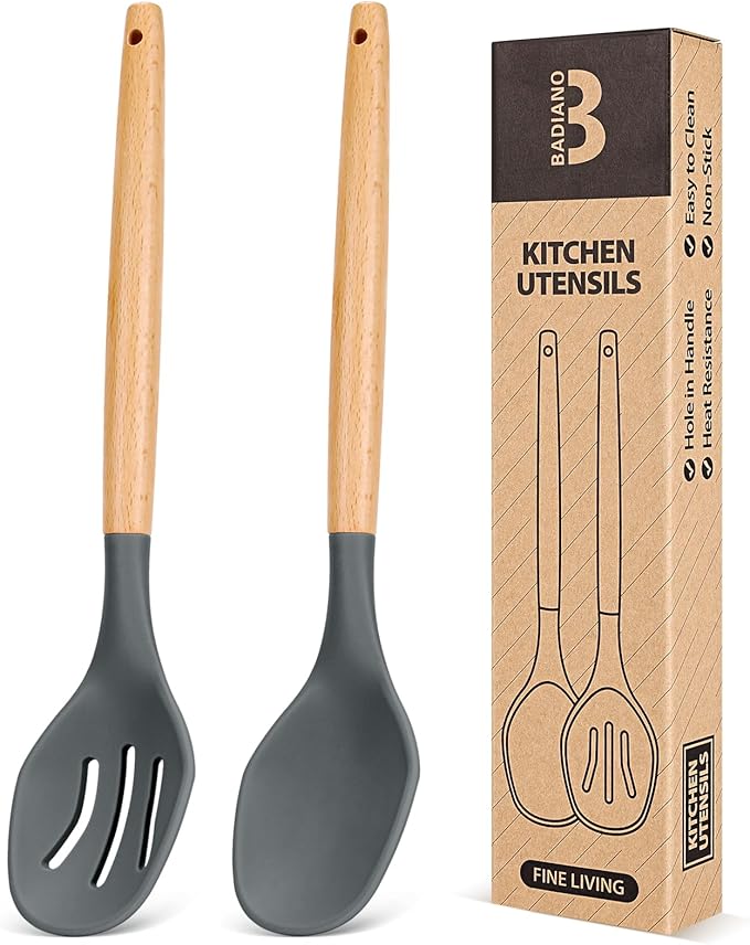 Large Silicone Cooking Spoons, 2 Pack Nonstick Solid and Slotted Wooden handle Spoon Set, Heat Resistan Silicone Kitchen Spoons for Cooking, Serving, Basting, Mixing (Grey)