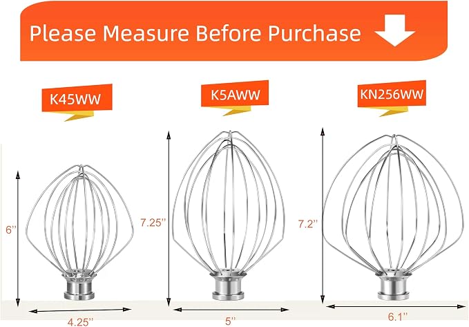 K45WW Whisk Attachment for KitchenAid 4.5 & 5 Qt Tilt-Head Mixers - Dishwasher Safe 6-Wire Stainless Steel Whip - Upgraded Heavy Duty Design for Fast Whipping Cream, Eggs, Frosting