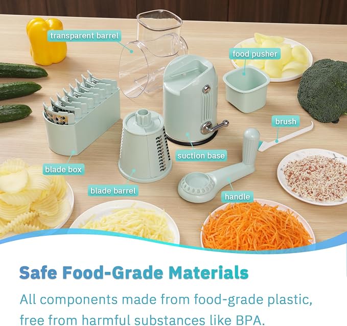 ENERGEVITY Manual Rotary Cheese Grater with Handle, 5 in 1 Replaceable Stainless Blades Cheese Shredder,Strong Suction Base Vegetable Slicer with Cleaning Brush & Bonus Storage Box for Blades (green)