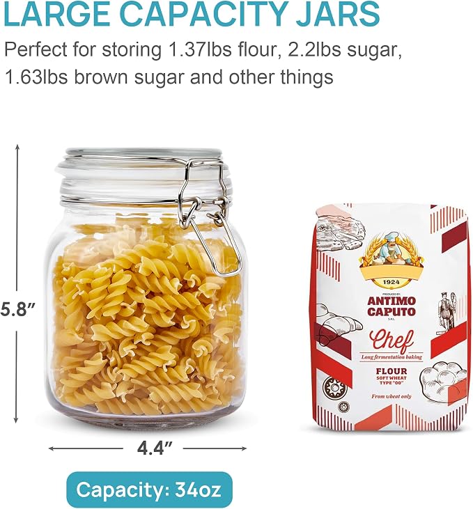 Vtopmart 34oz Glass Food Storage Jars with Airtight Clamp Lids, 3 Pack | Kitchen Canisters for Flour, Cereal, Coffee, Pasta and Canning, Square Mason Jar with 8 Chalkboard Labels