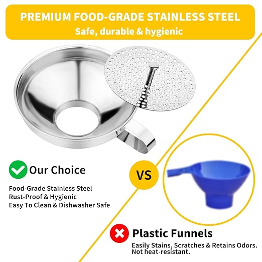 Stainless Steel Canning Funnel with Strainer, 3 Piece Wide & Regular Mouth Jar Funnels Set, Large & Small Metal Funnels with Detachable Umbrella Strainer, for Mason Jars, Jam, Liquids, Dry Goods