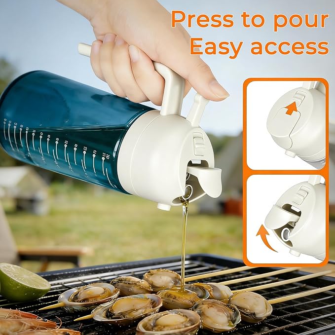 Glass Olive Oil Sprayer for Cooking (16oz/470ml), 2 in 1 Olive Oil Dispenser Bottle for Kitchen Gadgets and Air Fryer Accessories, Salad, BBQ - 1-Pack, Blue White
