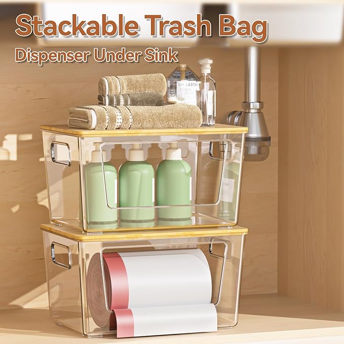 spospo 2 Pack Trash Bag Holder with Bamboo Lid Stackable Trashbag Dispenser | Extra Large Garbage Bag Holder for Kitchen Laundry Room Under Sink Organization and Storage