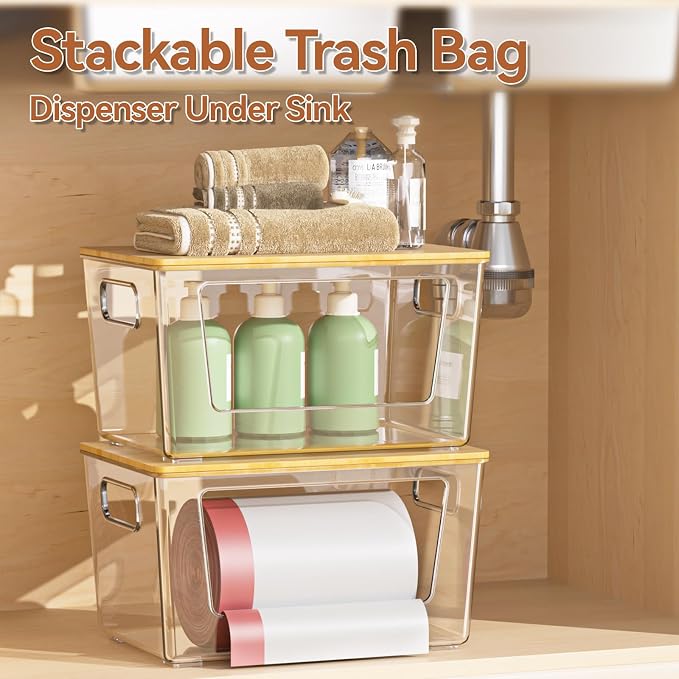 spospo 4 Pack Trash Bag Holder with Bamboo Lid Stackable Trashbag Dispenser | Extra Large Garbage Bag Holder for Kitchen Laundry Room Under Sink Organization and Storage