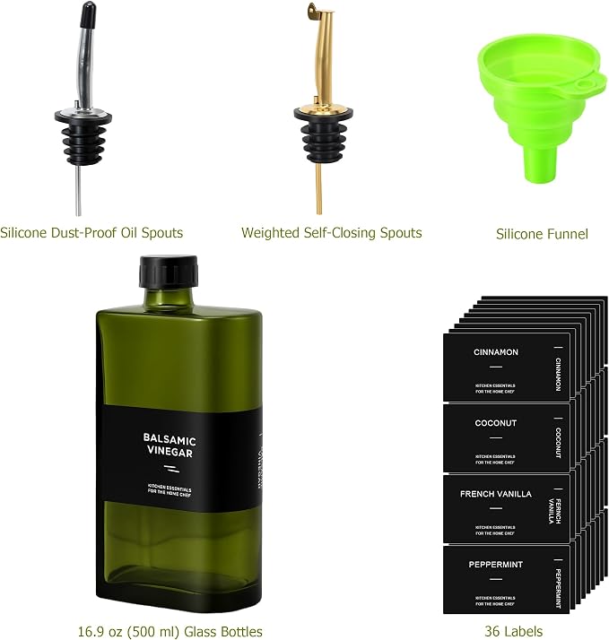 R DRURLCD Dark Green Glass Olive Oil Dispenser 17 oz, Coffee Syrup Container UV Protected Jar,Ergonomic Curved Grip,304 Stainless Steel Spout Oil Vinegar Dispenser Bottle for Kitchen Cooking BBQ