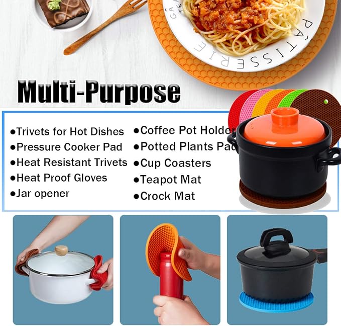 5 Pcs Round Silicone Trivets Pot Holder Mats,Extra Thick Heat Resistant Kitchen Countertop Mats,Honeycomb Rubber Hot Pads Trivets for Hot Dishes,Flexible Jar Opener Multi-Purpose Coasters Teal