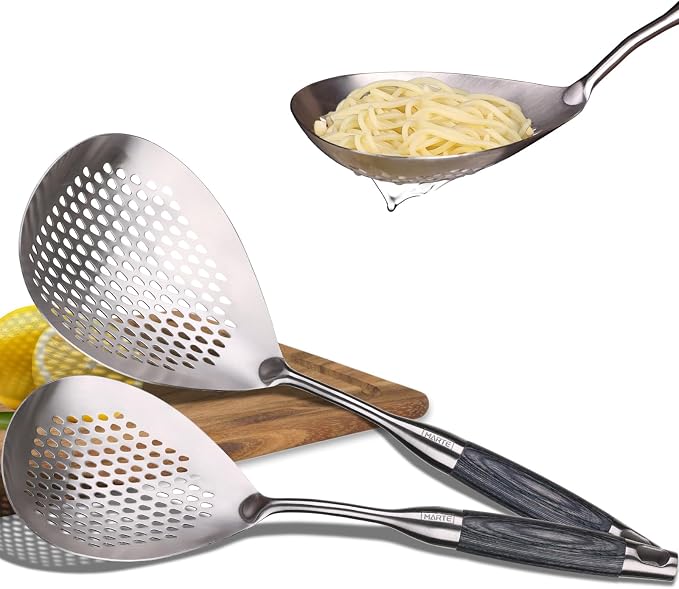 MARTE Skimmer Slotted Spoon,304 Stainless Steel Pasta Spider Strainer Ladle for Frying and Cooking,Set of 2 Kitchen Colanders & Food Strainers，Serving Spoon with Heat-Resistant Solid Wood Handle