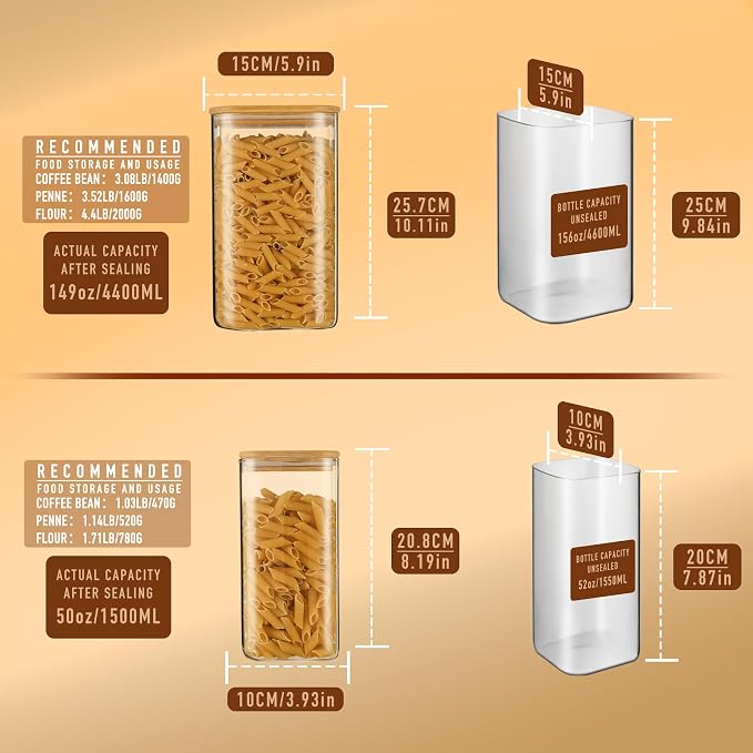 D2scrma 149oz 50oz Airtight Glass Square Storage Canister with Bamboo Lid Set of 2(4400ml*1 1500ml*1) Large Gallon Glass Jars for Sugar, Flour, Cookies and Coffee beans (‎with Black Lable)