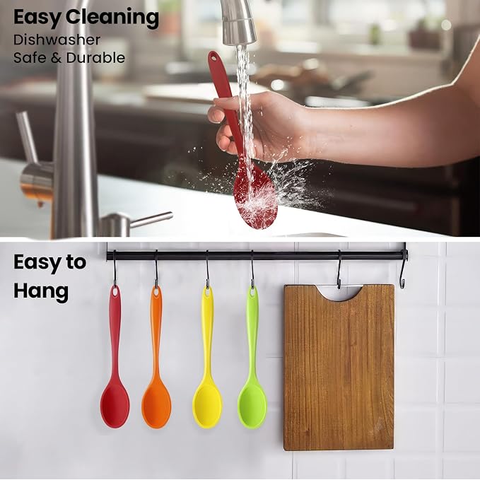 GEEKHOM Silicone Cooking Spoons, 4 Pieces 8" Heat Resistant Silicone Kitchen Utensils Set Serving Stirring Spoons for Non Stick Cooking, Mixing, Basting, Baking, Black+Red+Gray+Blue