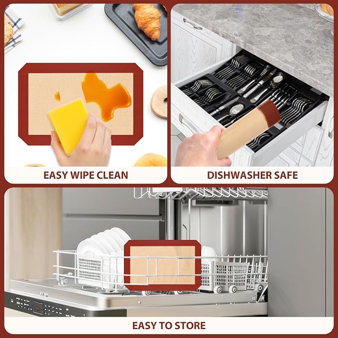 2 Half & 1 Quarter Silicone Baking Mat, Baking Sheets | Non Stick, Heat-Resistant, Reusable Oven Baking Supplies for Cookies, Bread & Pastry, Oven-safe, Red