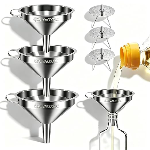 2027 Stainless Steel Filter Funnel,7 Pack Funnel Set | 4 Sizes 2.2-5.9 Inches Food Grade 304 Metal Kitchen Funnels with 3 Fine Mesh Strainers for Filling Bottles, Canning, Oil