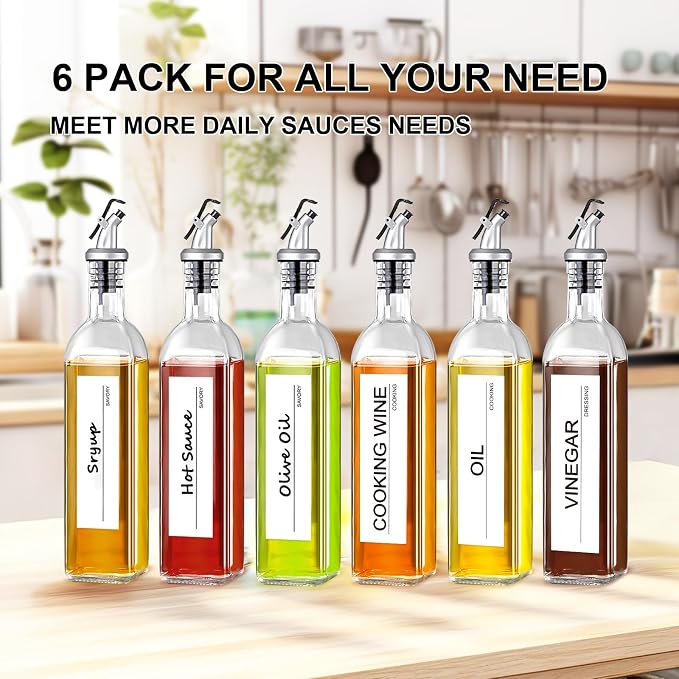gmisun Olive Oil Dispenser Bottle, 6 Pack Oil Dispensers Bottles for Kitchen, Cooking Vinegar Dispenser Set, Glass Container Cruet-Pourer Spout, Funnel and Labels