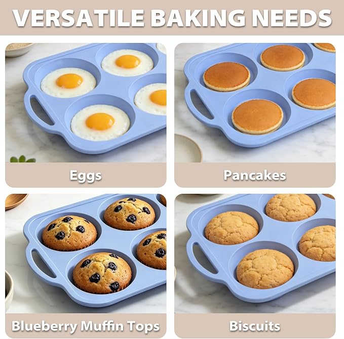 Nonstick Silicone Muffin Top Pan: 2 Pcs 6-Cavity 4 Inch Jumbo Silicone Egg Mold with Metal Frame for Baking Breakfast Sandwich Hamburger Buns Whoopie Pie Egg Bites - Easy Clean Oven Safe - Light Blue