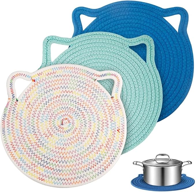 12" Pure Cotton Trivets Set with 0.35" Thick (3 Pcs, Blue) | Tightly Woven, Machine Washable, Heat Resistant, Large, Cute Cat Kitchen Accessories for Hot Dishes Pots Pans, Decor, Gift
