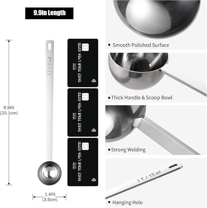 18/8 Stainless Steel Coffee Scoop, Doosu Food-Grade Metal Measuring Spoon with 8.5in Long Handle, Tablespoon Scooper for Coffee Beans, Ground Coffee, Espresso, Protein Powders, Tea, Sugar (1 Tbsp)