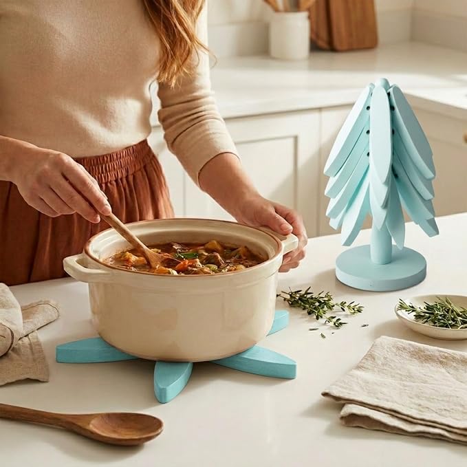 Wooden Trivets for Hot Dishes – Tree Trivet Set with 4 Foldable Wooden Trivets & 1 Stand, Heat-Resistant, Space-Saving Trivet Tree for Pots, Bowls & Teapots (Soft Aqua)
