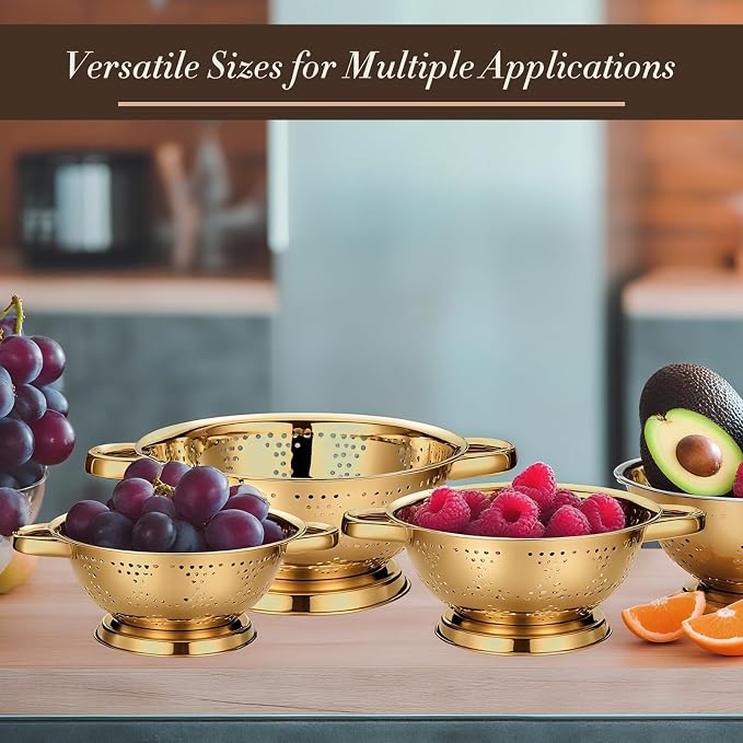 3 Pcs Gold Colander Set 1/2.5/4 Quart Stainless Steel Colander Gold Strainer Basket with Handles Kitchen Strainer for Draining Spaghetti Pasta, Rinsing Vegetables or Fruits