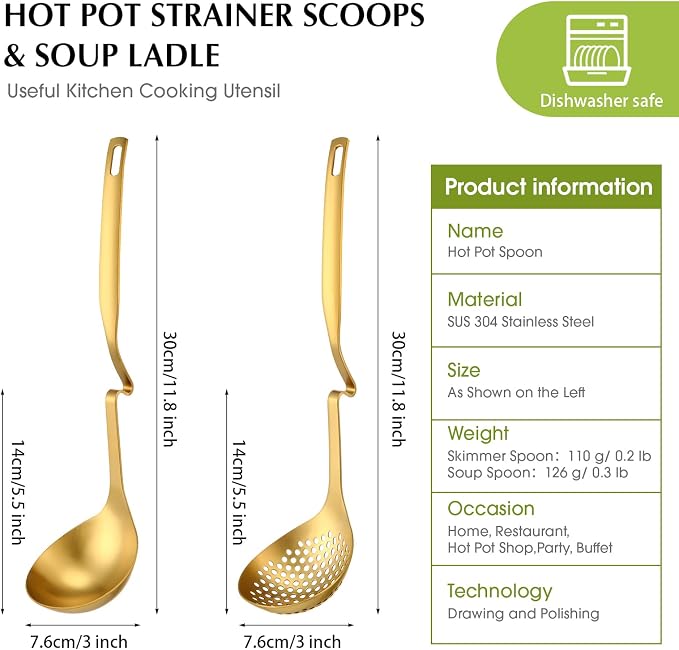Patelai Hot Pot Slotted Ladle Set Stainless Steel Soup Ladle Strainer Scoops Cooking Skimmer Cookware Utensil for Hotpot Scooping Sauce Serving, 12 Inch(4 Pcs,Gold)