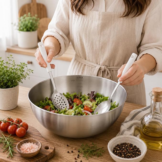 Serving Spoon Set with Silicone Handles,2-Piece spoon | Stainless Steel Serving Spoon, Slotted Spoon & Soup Ladle Set for Buffet and Home Kitchen