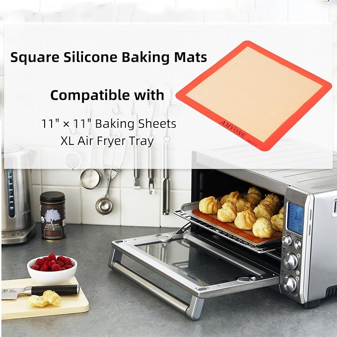 AMYONE 11x11 Silicone Baking Mat, Square Air Fryer Liner, Platinum, 2 Pack | For 11x11 Square Cake Pan/Cheesecake Pan/Toaster Oven/XL Air Fryer, Food Grade Silicone Baking Sheet Liner for Cake/Cookie